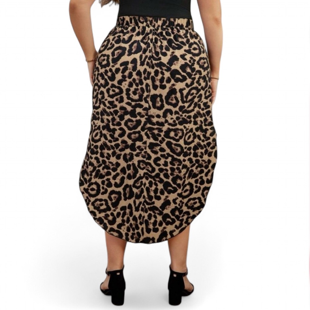 Drawstring Waist Leopard Print Slit Hem Chic Flared Skirt size 1XL - Picture 3 of 6